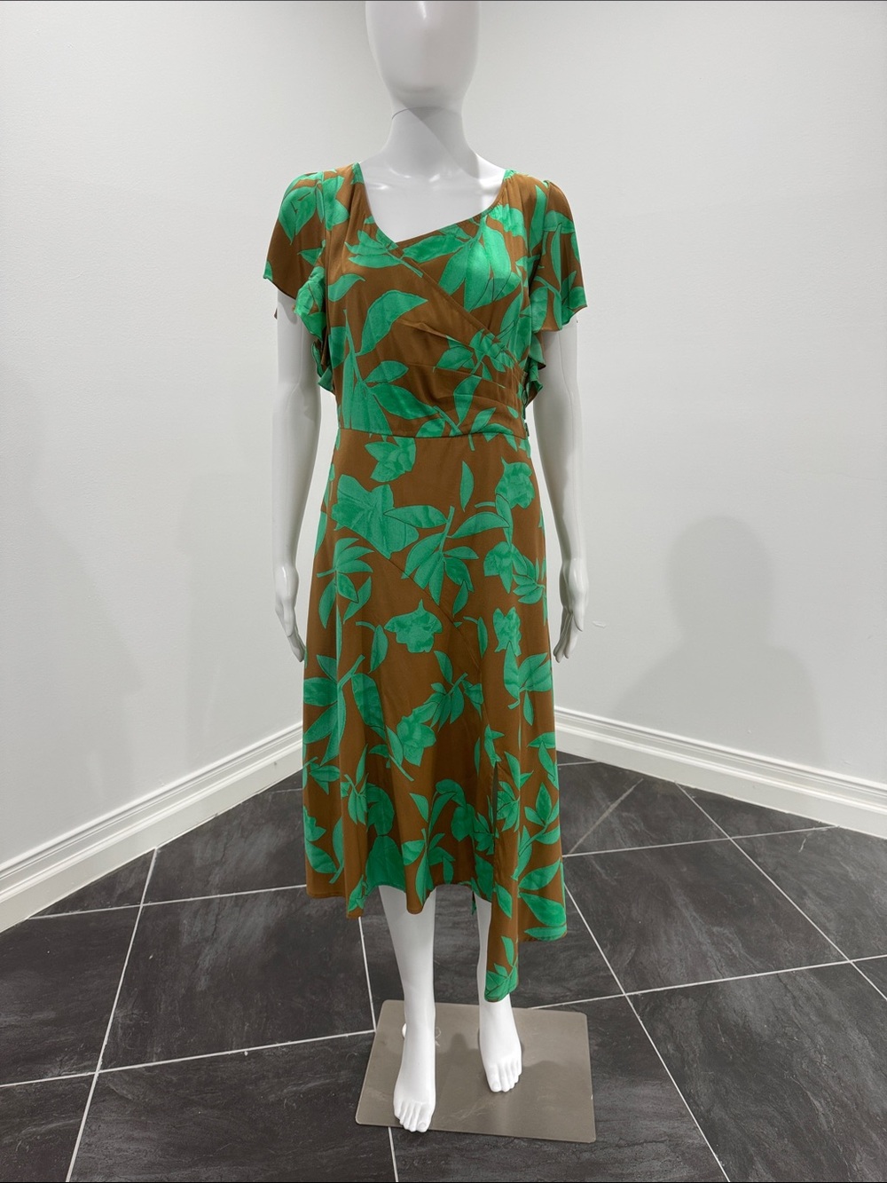Tracy Reese Silk Tropical Leaf Dress - 20s 30s Retro Button Detail Midi